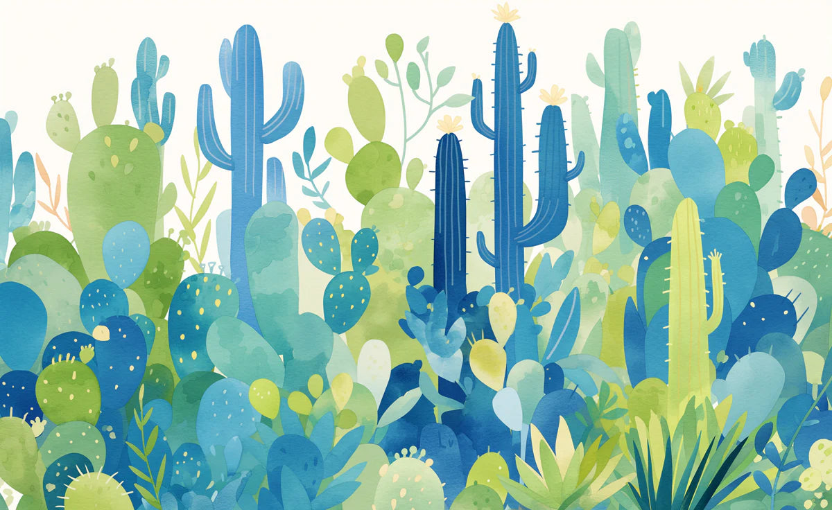 Blue Desert Cactus Mural Wallpaper Blue, Yellow and Green Cactus -1 Mural Wallpaper - room preview 02