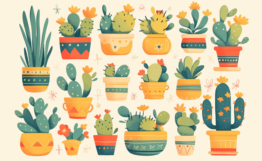 Cactus Wallpaper Mural – Succulent Wall Mural – Cute Cactus Pattern Green, Orange and Beige Cactus -1 printable artwork