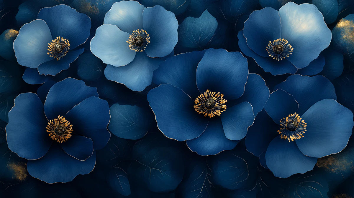 Blue Flower Mural Wallpaper for a living room Blue, Gold and White Flower Mural Wallpaper - room preview 02