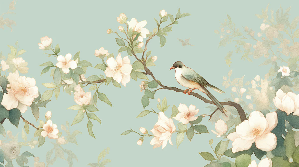Bird and Flower Branch Mural Wallpaper for a Study room Green, White and Light Blue Mural Wallpaper - room preview 02