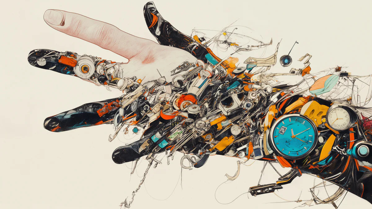 Mechanical Hand Art Mural Wallpaper Beige, Black, Orange and Blue Hand Mural Wallpaper - room preview 02