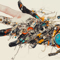 Mechanical Hand Art Mural Wallpaper Beige, Black, Orange and Blue Hand Mural Wallpaper - room preview 02