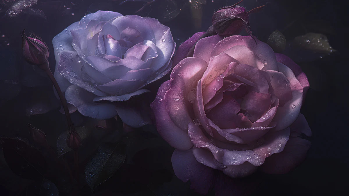 Purple Rose with Dew Drops Mural Wallpaper for a study Purple, Pink and Black Rose Mural Wallpaper - room preview 02
