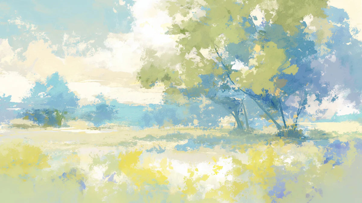 Abstract Landscape Mural Wallpaper Green, Blue, Yellow and White Mural Wallpaper - room preview 02