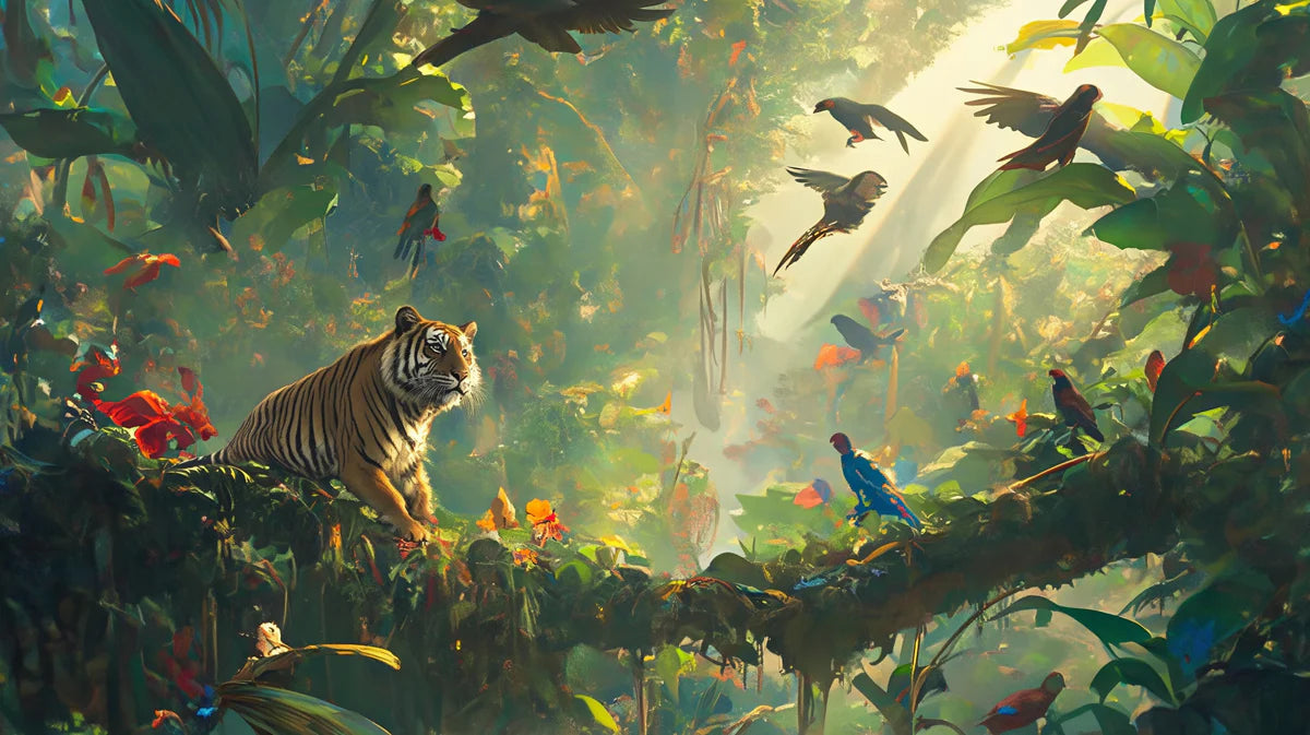 Tiger in Lush Jungle Mural Wallpaper Green, Orange, Red and Brown Jungle Mural Wallpaper - room preview 02