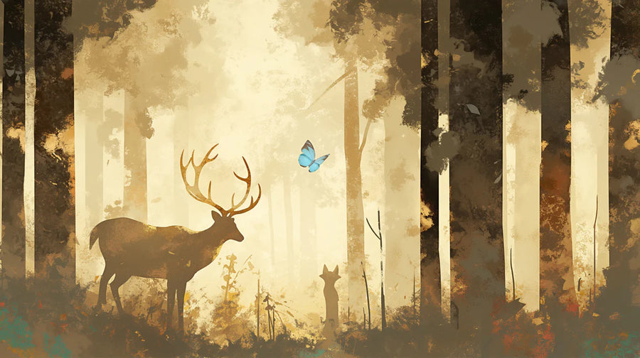Woodland Nursery Wallpaper Mural – Baby Animals Wall Mural – Vintage Deer in Forest Brown, Yellow and Blue Deer printable artwork