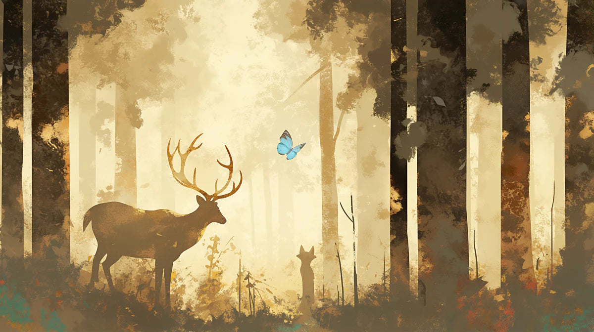 Vintage Deer in Forest Mural Wallpaper Brown, Yellow and Blue Deer Mural Wallpaper - room preview 02