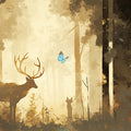 Vintage Deer in Forest Mural Wallpaper Brown, Yellow and Blue Deer Mural Wallpaper - room preview 02