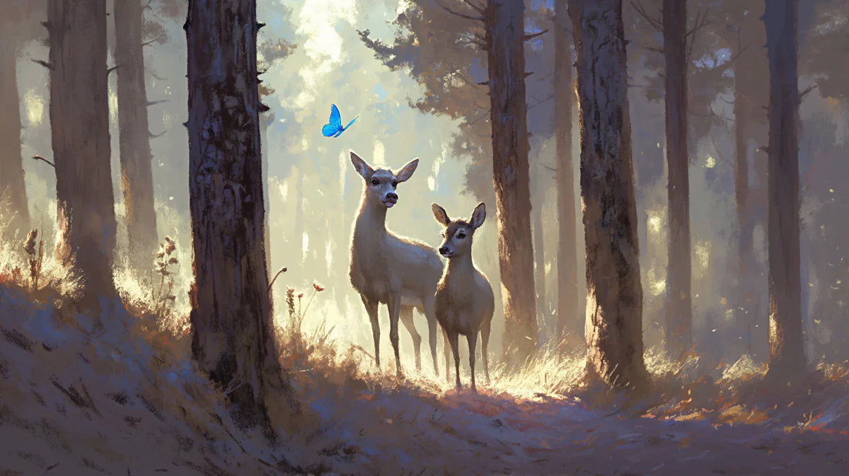 Deer in Forest Glow Mural Wallpaper for a child's room Brown, Blue and Yellow Forest Mural Wallpaper - room preview 02