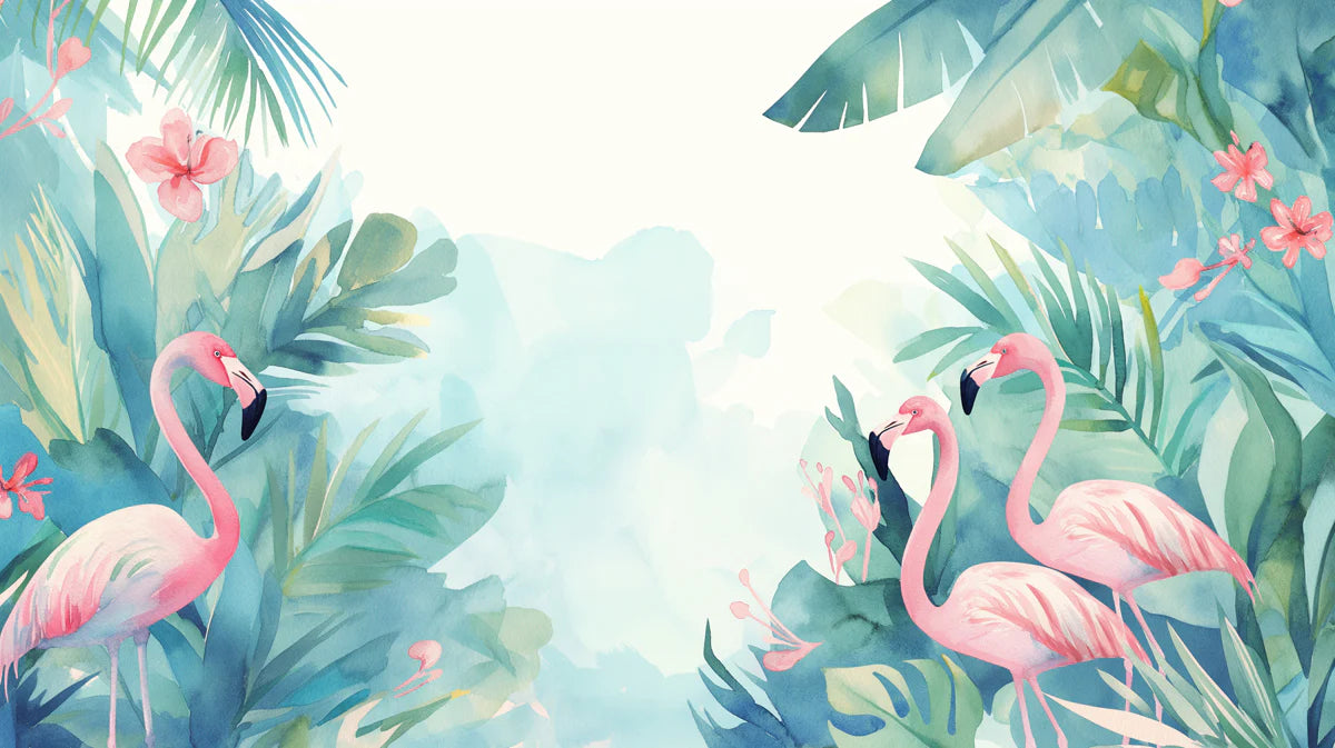 Tropical Flamingo and Plants Mural Wallpaper Pink, Green, Blue and White Mural Wallpaper - room preview 02