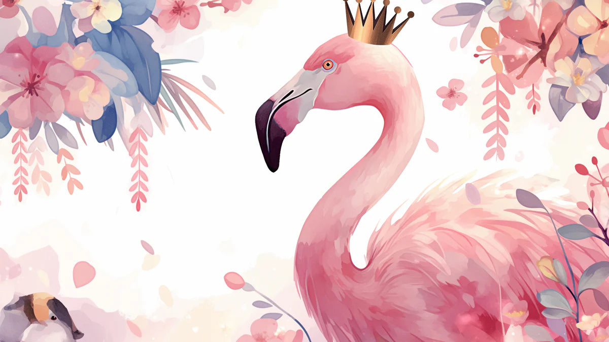 Close-up Pink Flamingo Mural Wallpaper Pink, Purple, Blue and White Flamingo Mural Wallpaper - room preview 02