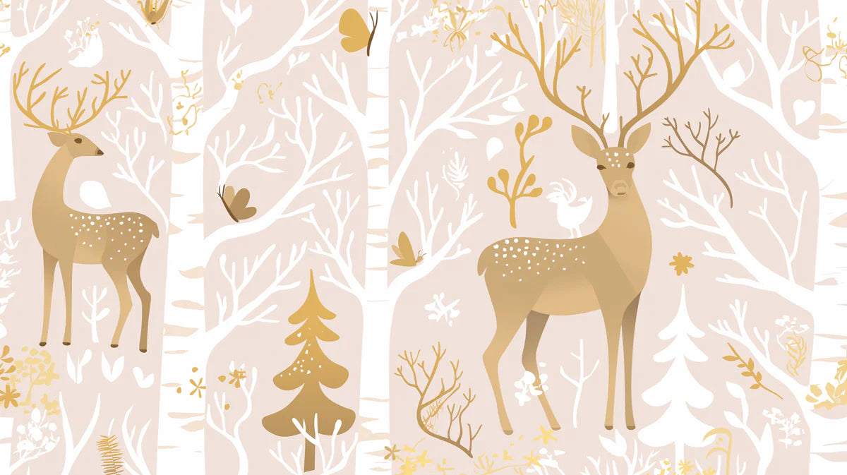 Blush Pink Forest with Deer Mural Wallpaper Blush Pink, White and Gold Deer Mural Wallpaper - room preview 02