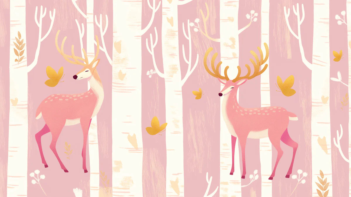 Pink Forest with Deer Mural Wallpaper Pink, White and Yellow Deer Mural Wallpaper - room preview 02