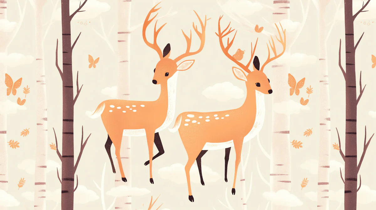 Neutral Forest with Deer Mural Wallpaper Beige, White and Brown Deer Mural Wallpaper - room preview 02