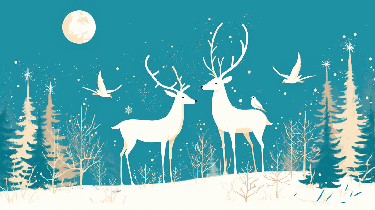 Teal Night Forest with Deer Mural Wallpaper Teal, White and Beige Deer Mural Wallpaper - room preview 02