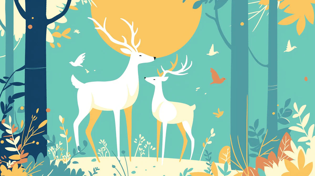 Green Forest with Deer Family Mural Wallpaper for a Nursey Green, Yellow and Blue Deer Family Mural Wallpaper - room preview 02