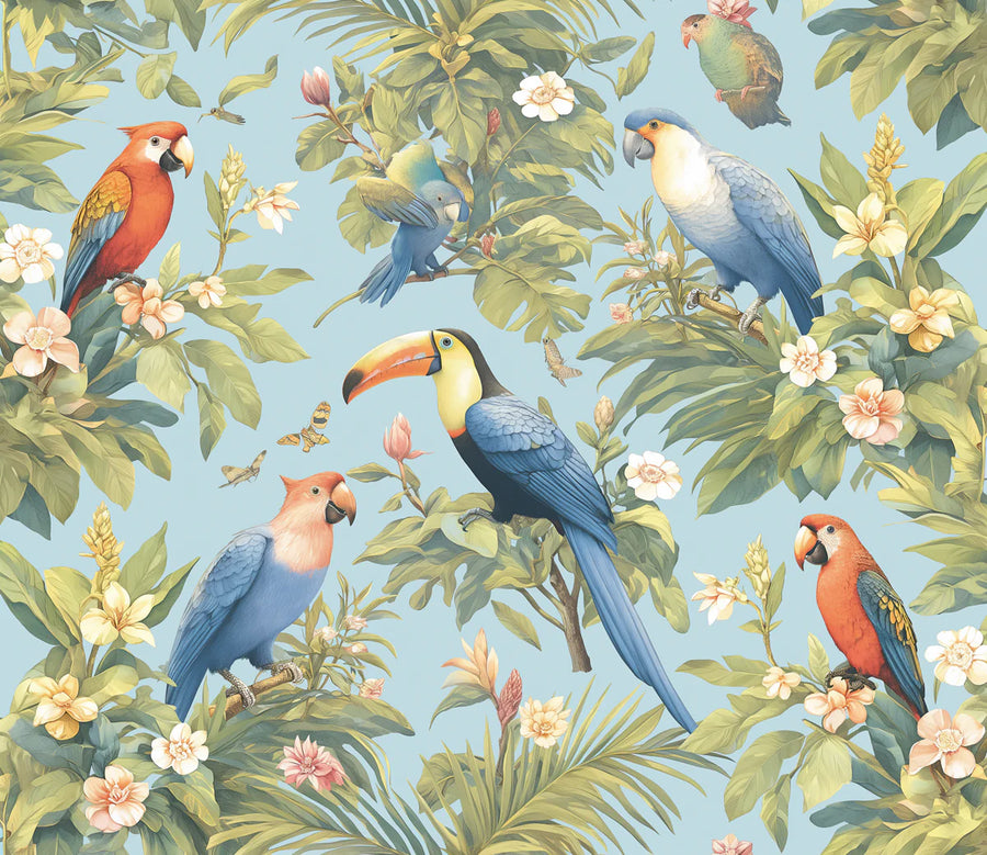 Kids Room Wallpaper Mural – Children Wall Mural for bedroom – Tropical Parrots in Bedroom Various Colors (Green, Blue, Yellow, etc.) of Parrots printable artwork
