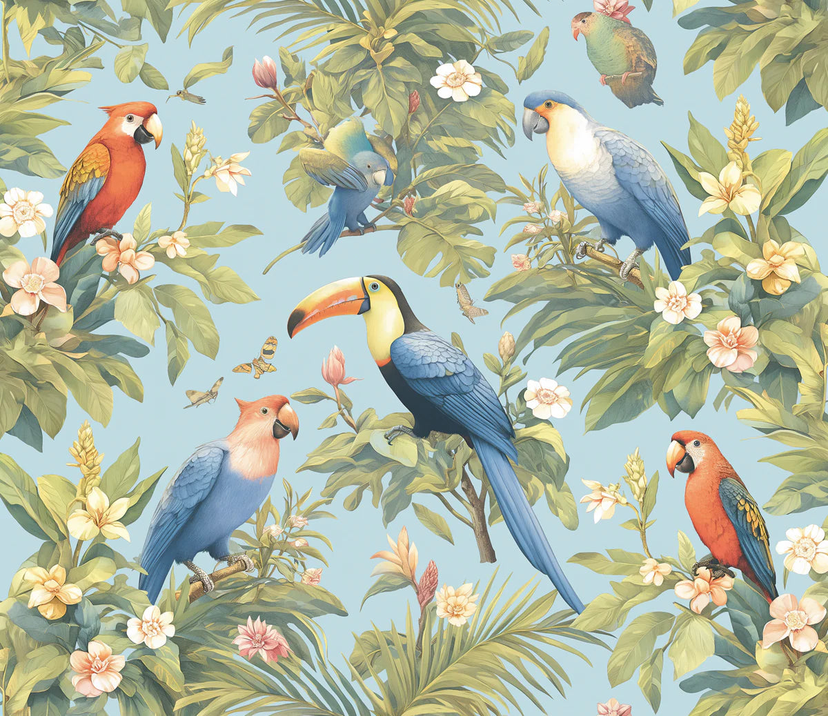 Tropical Parrots Mural Wallpaper in Bedroom Various Colors (Green, Blue, Yellow, etc.) of Parrots Mural Wallpaper - room preview 02
