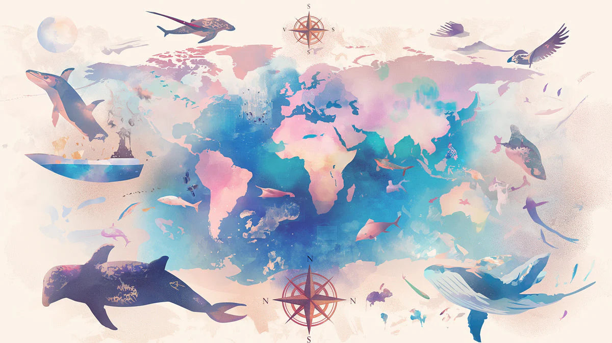 World Map with Dolphins Mural Wallpaper Blue, Pink, and Various Pastel Shades World Map Mural Wallpaper - room preview 02
