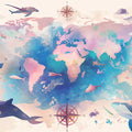 World Map with Dolphins Mural Wallpaper Blue, Pink, and Various Pastel Shades World Map Mural Wallpaper - room preview 02