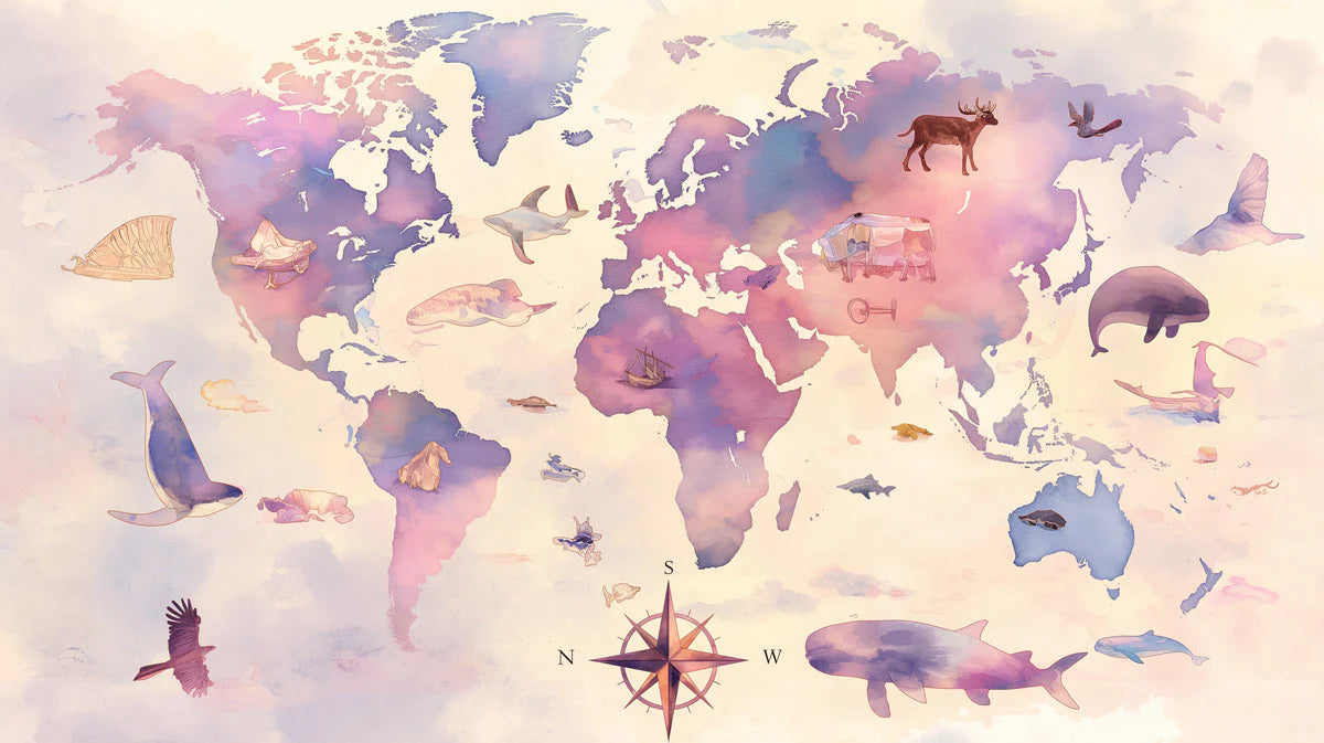 World Map with Dolphins Mural Wallpaper Blue, Pink, and Various Pastel Shades World Map -1 Mural Wallpaper - room preview 02