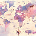 World Map with Dolphins Mural Wallpaper Blue, Pink, and Various Pastel Shades World Map -1 Mural Wallpaper - room preview 02