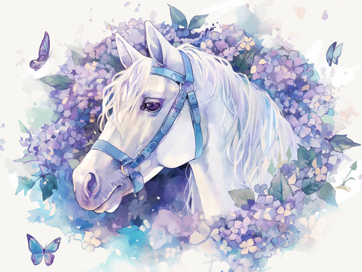 Horse and Floral Mural Wallpaper girl's bedroom Purple, Blue and White Horse Mural Wallpaper - room preview 02