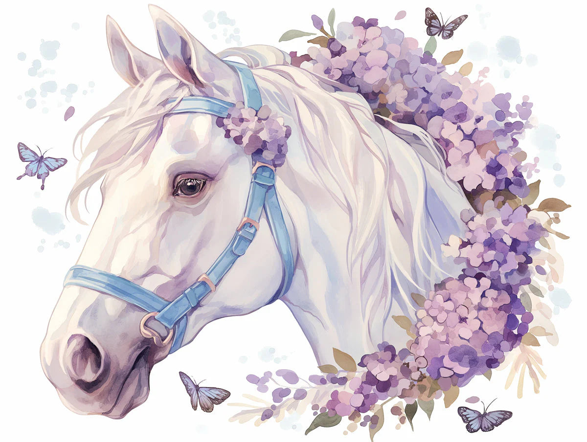 Horse and Floral Mural Wallpaper for a child's bedroom Purple, Blue and White Horse Mural Wallpaper - room preview 02