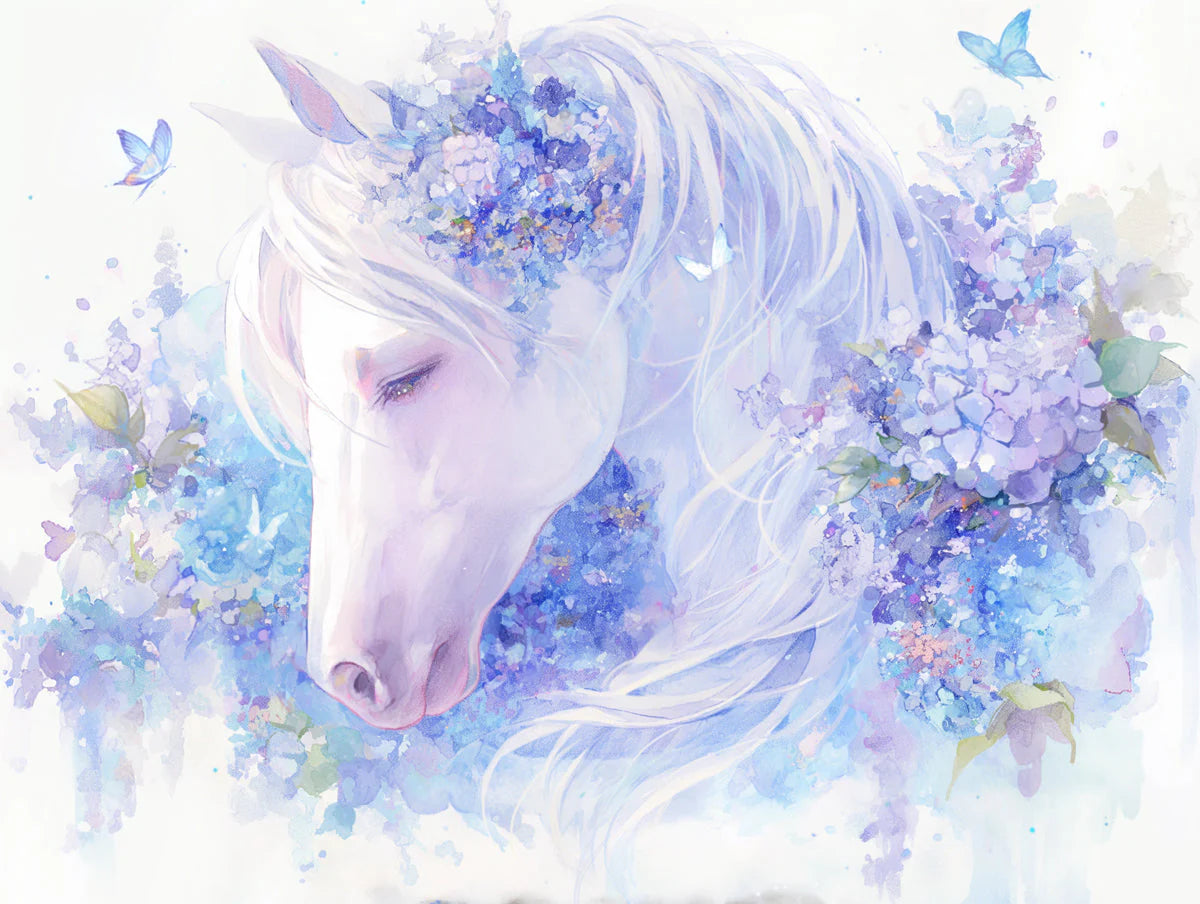 Horse and Floral Mural Wallpaper in playroom Purple, Blue and White Horse Mural Wallpaper - room preview 02