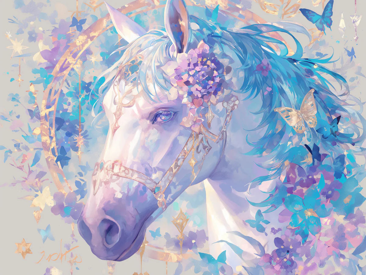Horse and Floral Mural Wallpaper in Living Room Purple, Blue and White Horse Mural Wallpaper - room preview 02