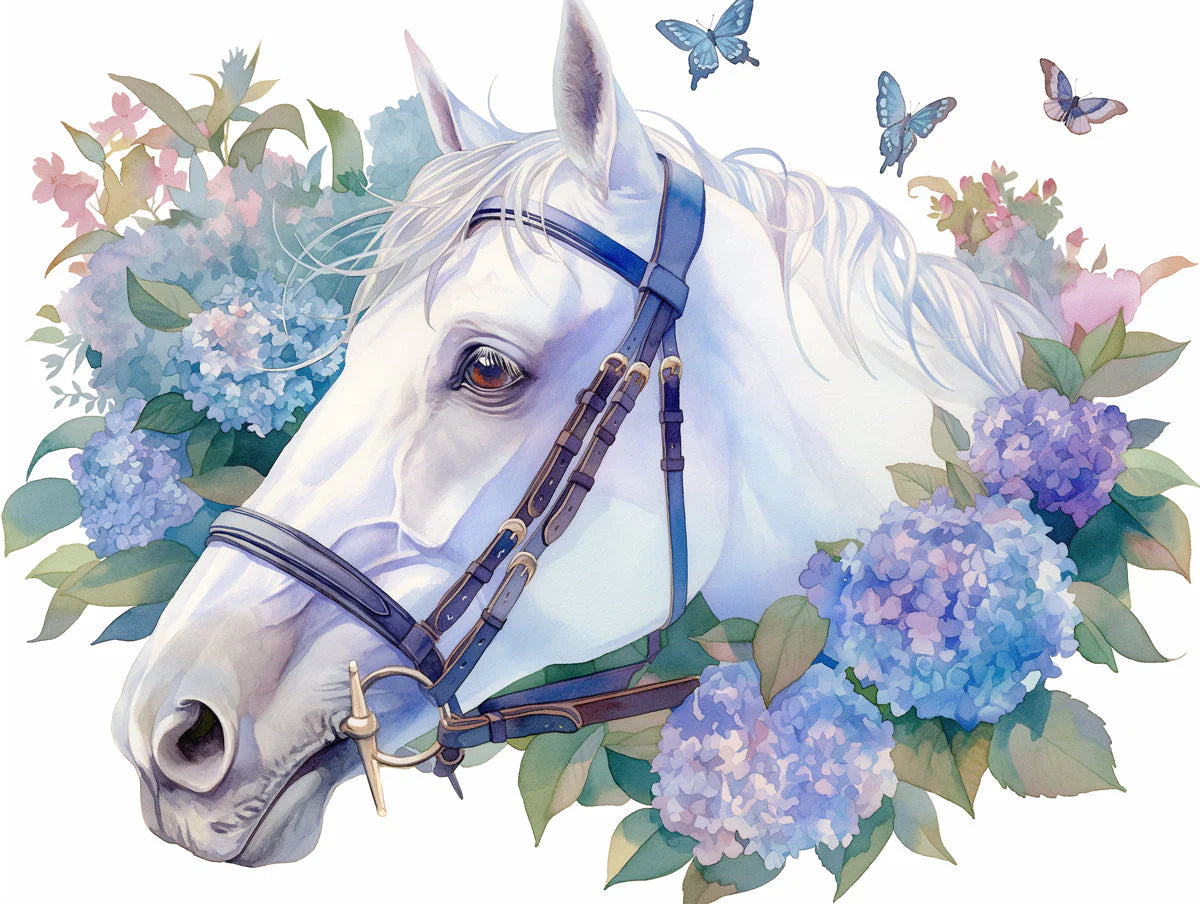 Horse and Floral Mural Wallpaper in Child's Room Purple, Blue and White Horse -4 Mural Wallpaper - room preview 02