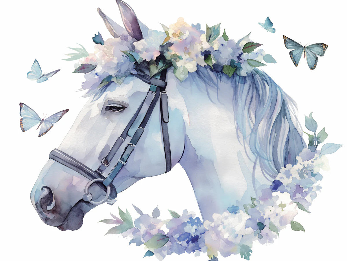 Horse and Butterfies Mural Wallpaper in Room Purple, Blue and White Horse Mural Wallpaper - room preview 02