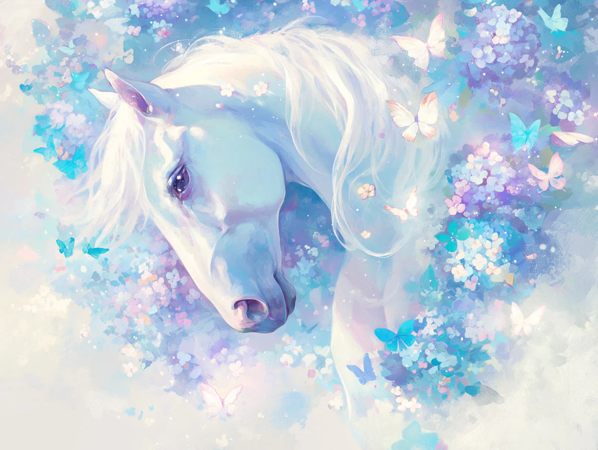 Horse and Floral Mural Wallpaper in Girls's Room Purple, Blue and White Horse Mural Wallpaper - room preview 02