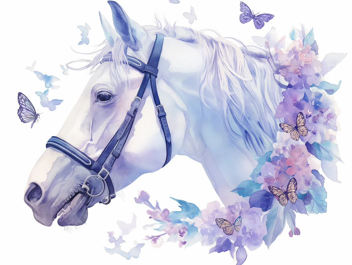 Horse and Floral with Butterflies Mural Wallpaper in Room Purple, Blue and White Horse Mural Wallpaper - room preview 02