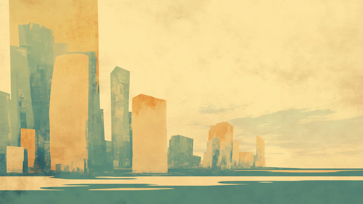Cityscape Mural Wallpaper in Room Yellow, Green and Blue Building Mural Wallpaper - room preview 02