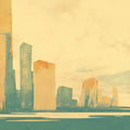Cityscape Mural Wallpaper in Room Yellow, Green and Blue Building Mural Wallpaper - room preview 02