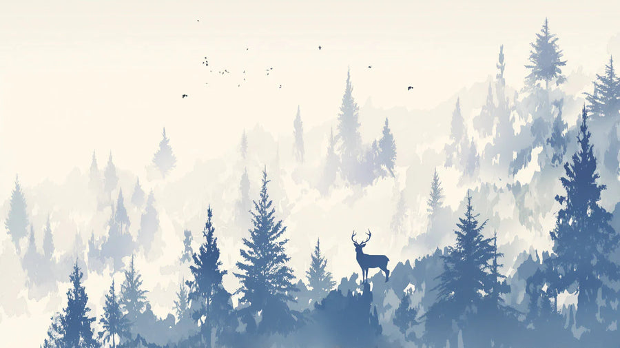Forest Wallpaper Mural – Woodland Wall Mural for dining room – Winter Forest in Dining Room Blue and White Forest -4 printable artwork