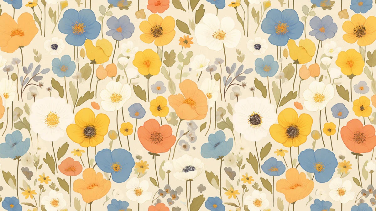 Bright Floral Mural Wallpaper in Child's Room Various Colors (Yellow, Blue, Orange, etc.) Flowers -1 Mural Wallpaper - room preview 02