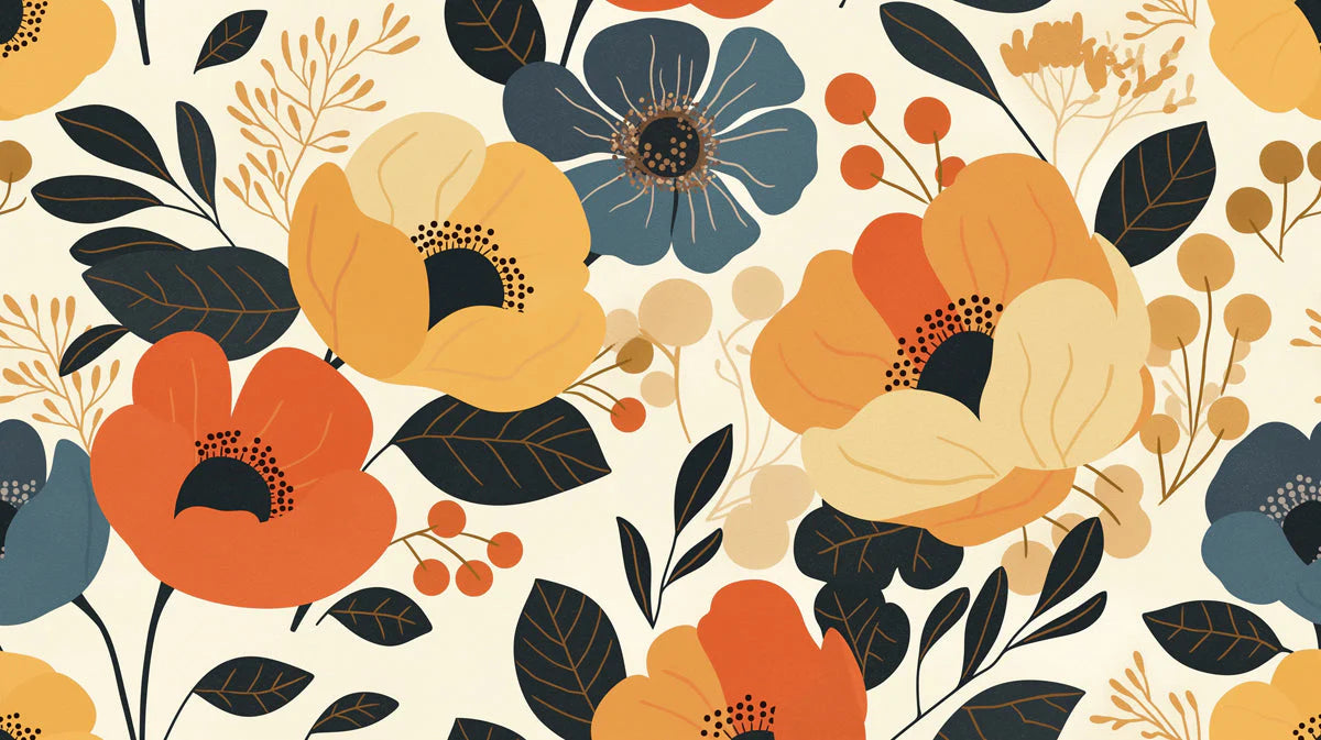 Bright Floral Mural Wallpaper in Child's Room Various Colors (Yellow, Blue, Orange, etc.) Flowers -5 Mural Wallpaper - room preview 02