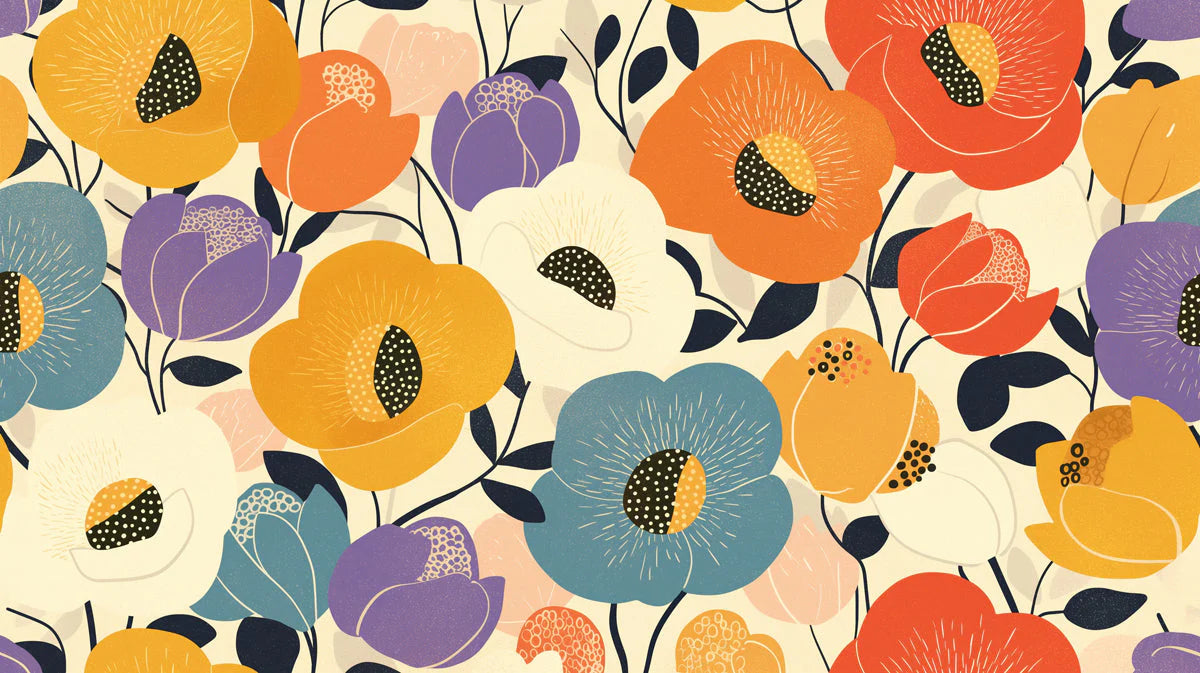 Bright Floral Mural Wallpaper in Child's Room Various Colors (Yellow, Blue, Orange, etc.) Flowers -6 Mural Wallpaper - room preview 02