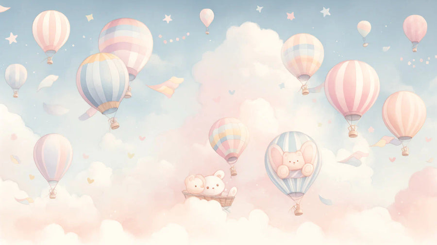 Heißluftballon- und Bären-Wandgemälde-Tapete im Kinderzimmer, Pastellfarben (Rosa, Blau usw.) von Ballons Wandgemälde-Tapete printable artwork