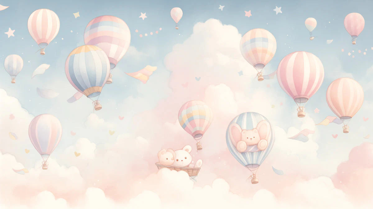 Hot Air Balloon and Bear Mural Wallpaper in Child's Room Pastel Colors (Pink, Blue, etc.) of Balloons Mural Wallpaper - room preview 02