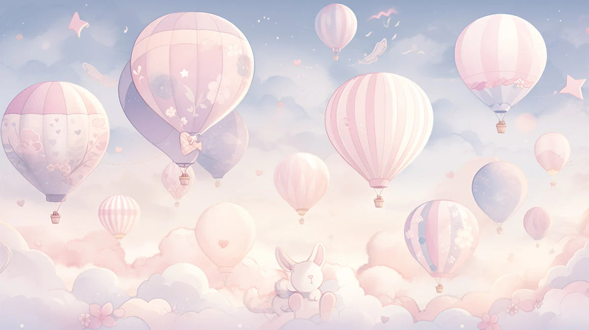 Hot Air Balloon and Bear Mural Wallpaper in Child's Room Pastel Colors (Pink, Blue, etc.) of Balloons -2 Mural Wallpaper - room preview 02