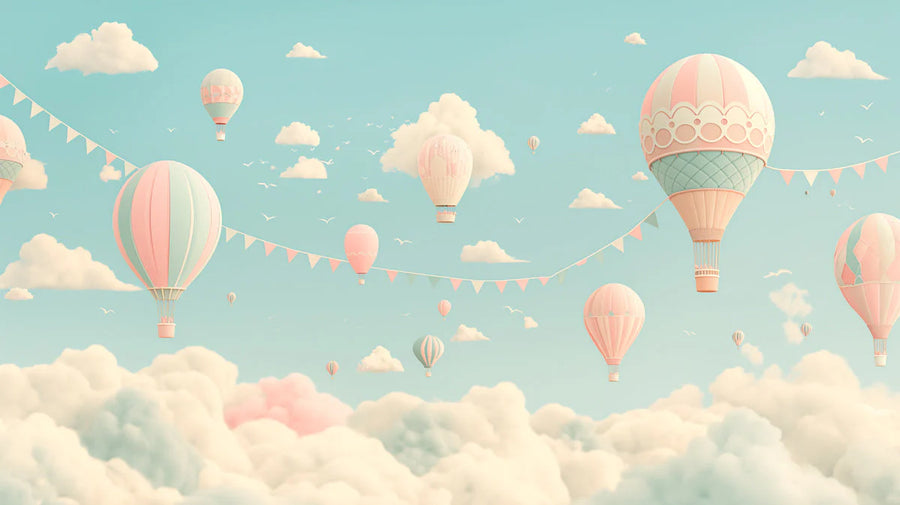 Heißluftballon- und Bären-Wandbild-Tapete im Kinderzimmer Pastellfarben (Rosa, Blau usw.) der Ballons -3 Wandbild-Tapete printable artwork