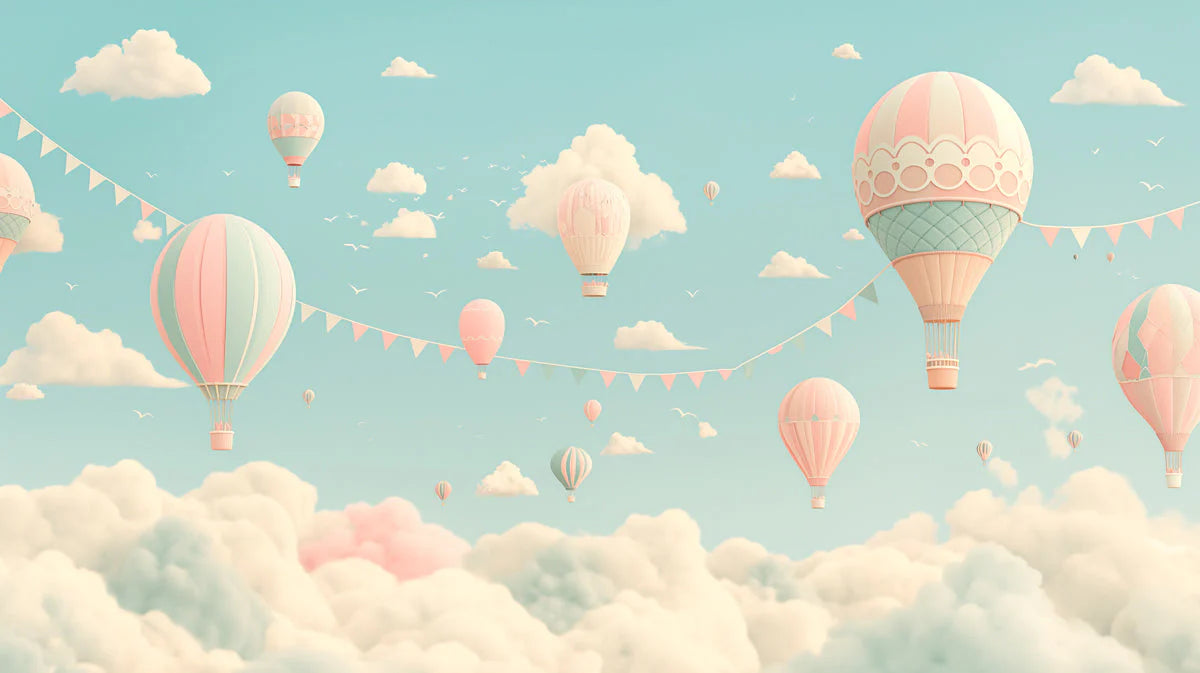 Hot Air Balloon and Bear Mural Wallpaper in Child's Room Pastel Colors (Pink, Blue, etc.) of Balloons -3 Mural Wallpaper - room preview 02