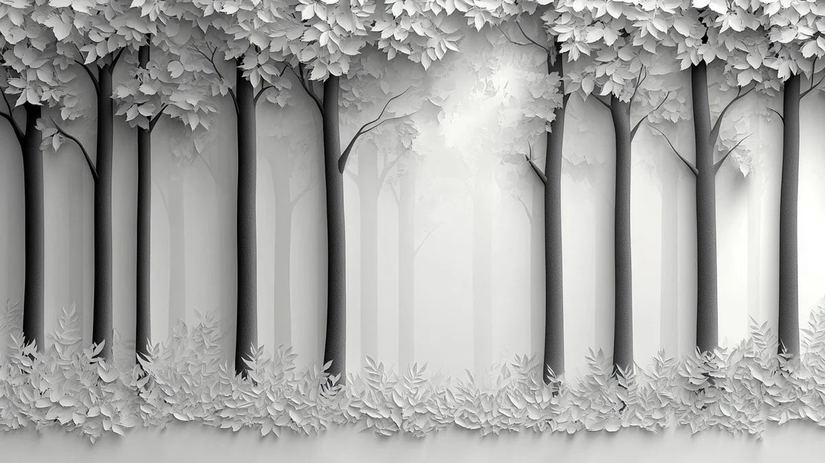 Gray Tree and Leaf Mural Wallpaper in Bedroom Gray and White Tree and Leaf Mural Wallpaper - room preview 02
