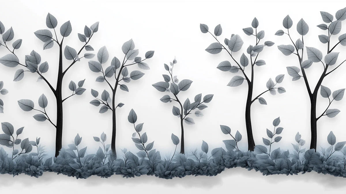 Gray Tree and Leaf Mural Wallpaper in Bedroom Gray and White Tree and Leaf -1 Mural Wallpaper - room preview 02