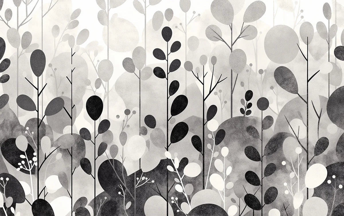 Gray Tree and Leaf Mural Wallpaper in Bedroom Gray and White Tree and Leaf -2 Mural Wallpaper - room preview 02