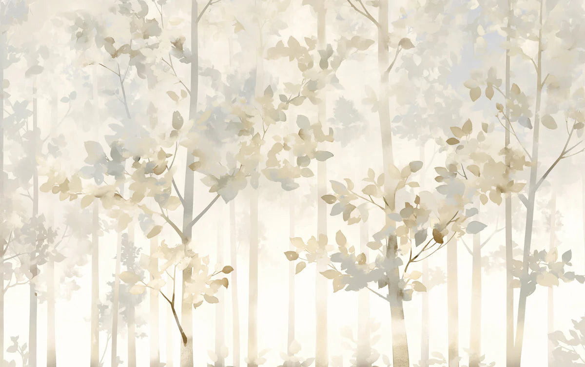 Gray Tree and Leaf Mural Wallpaper in Bedroom Gray and White Tree and Leaf -3 Mural Wallpaper - room preview 02