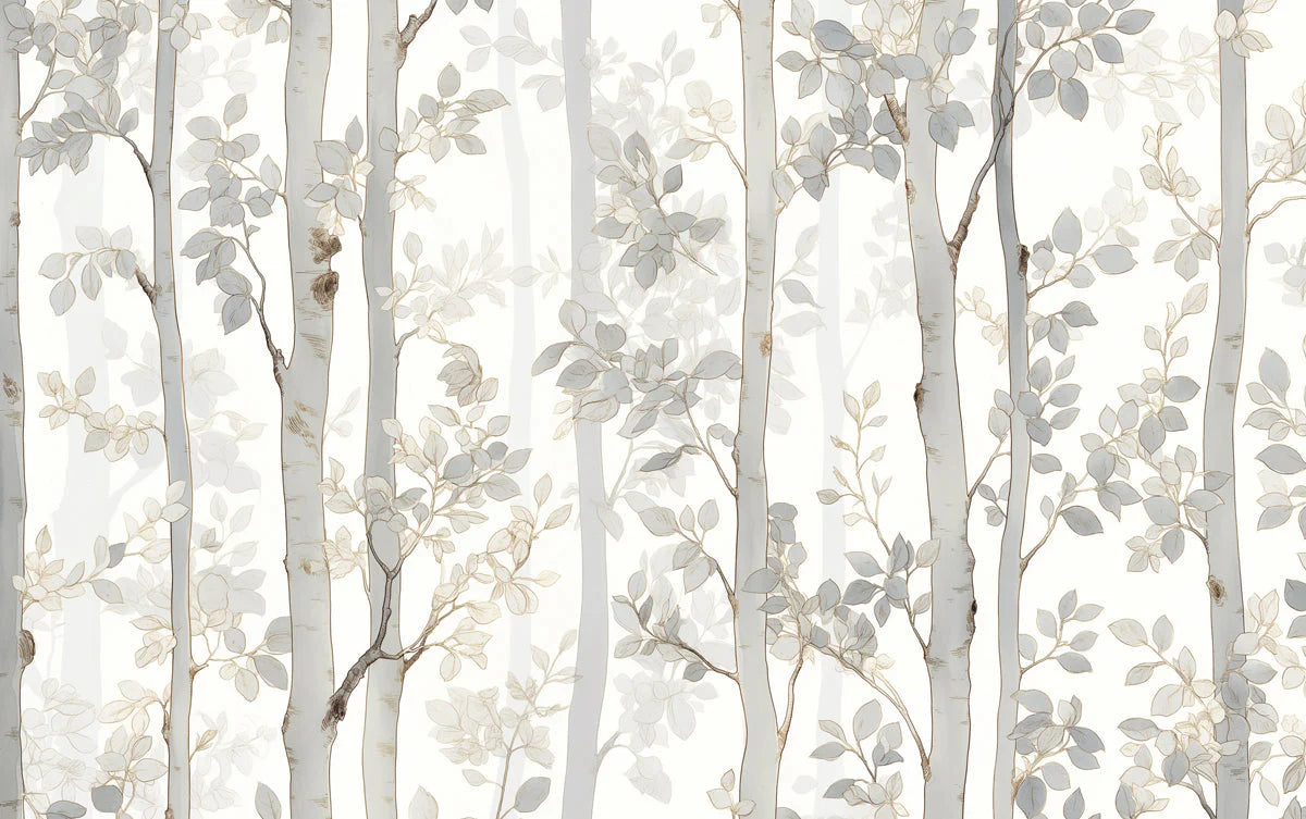 Gray Tree and Leaf Mural Wallpaper in Bedroom Gray and White Tree and Leaf -4 Mural Wallpaper - room preview 02